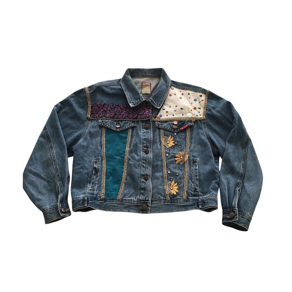 Jean Jacket Embellished Mavis Designer Blue Denim Size Medium Wild